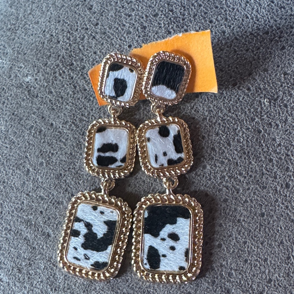 Gold and cowhide stud earrings